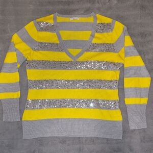 New York & Company Yellow and Gray V-Neck Sweater with Sequins Size Large